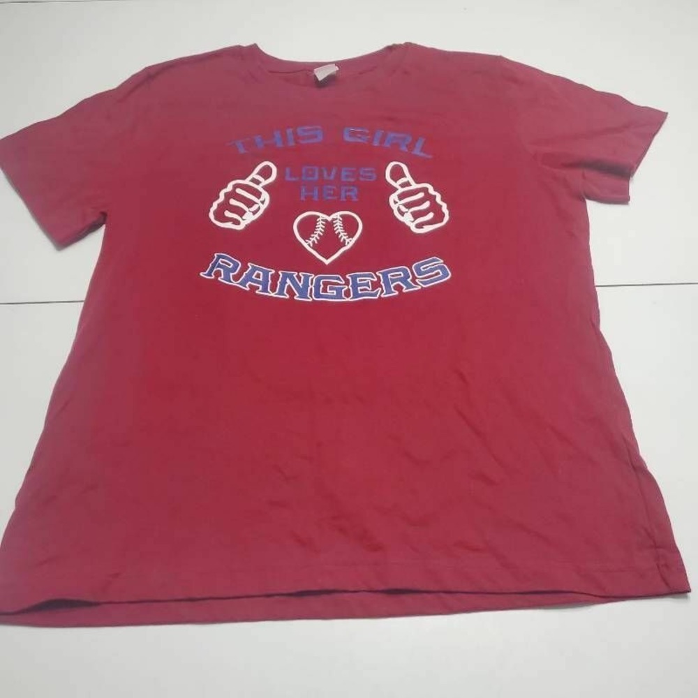 C/A/T Brand Womens T-Shirt Red White This Girl Loves Her Rangers Short Sleeve L